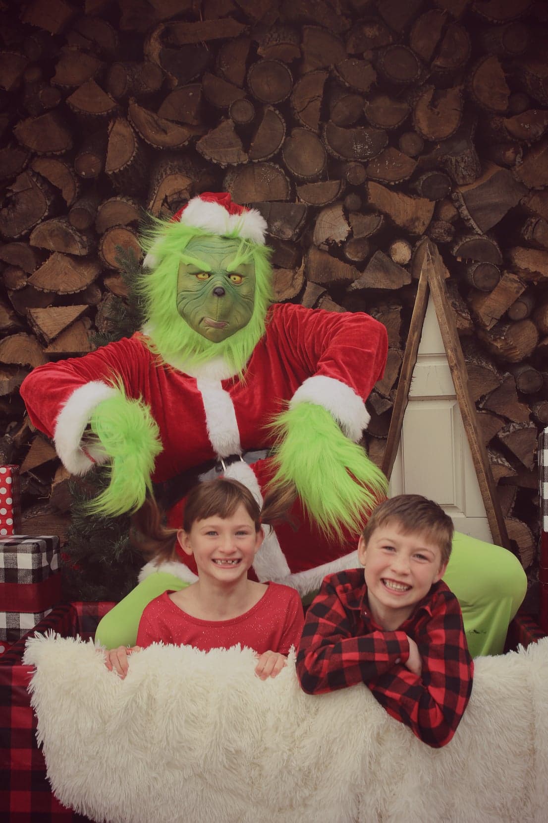 Two kids in red posing with the Grinch at a Christmas mini session